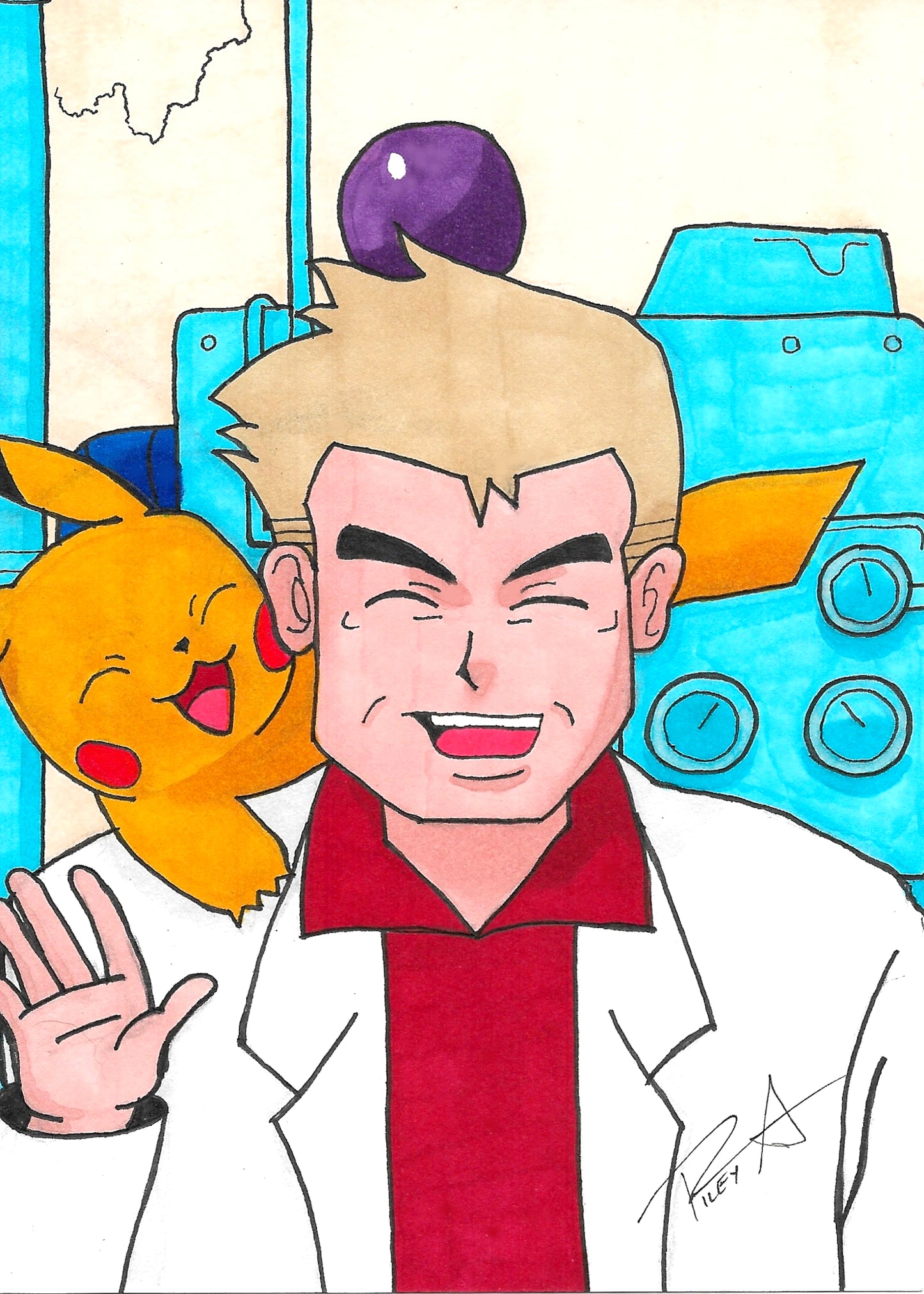 5x7 print Professor Oak and Pikachu Fanart